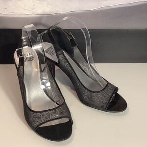 Mootsies Tootsies Black Semi Sheer Fabric Sparkle Open Toe Slingback Heels Sz 10